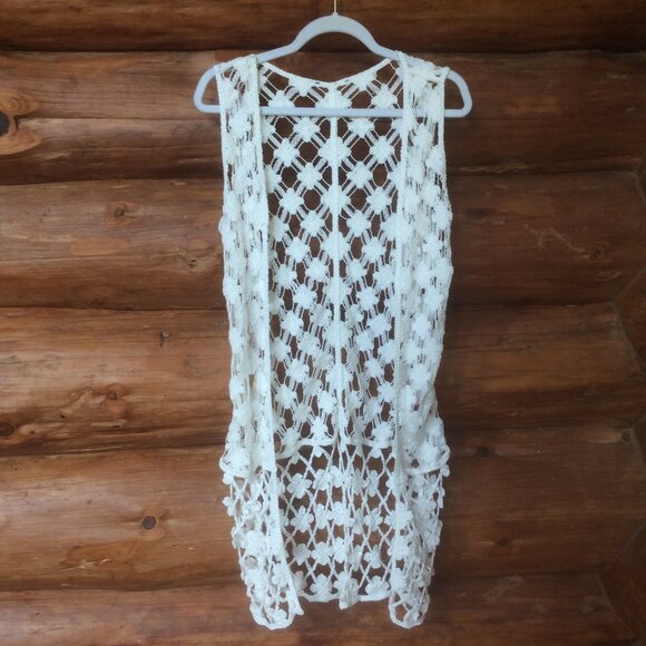 White Crochet/Macrame Festival Boho Open Front Cardigan Duster Vest Size Small* - Picture 1 of 4